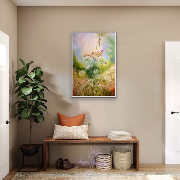 'Contentment' wild flower meadow painting with cow parsley by anita nowinska