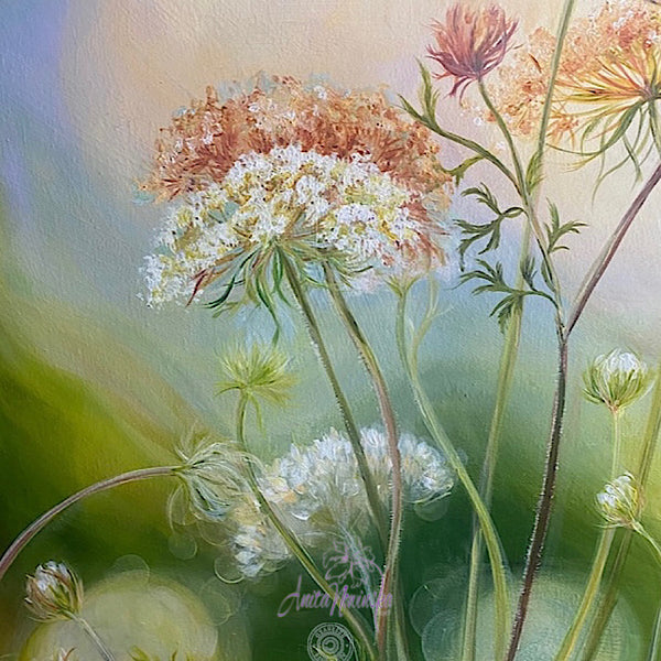 'Contentment' wild flower meadow painting with cow parsley by anita nowinska