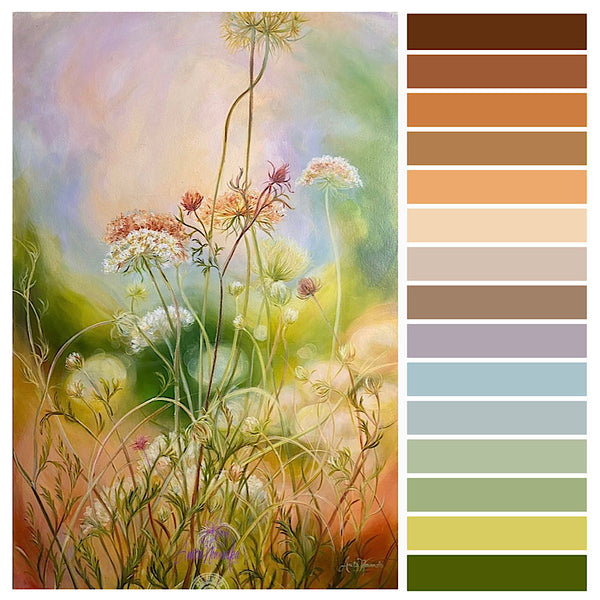 'Contentment' wild flower meadow painting with cow parsley by anita nowinska colour palette
