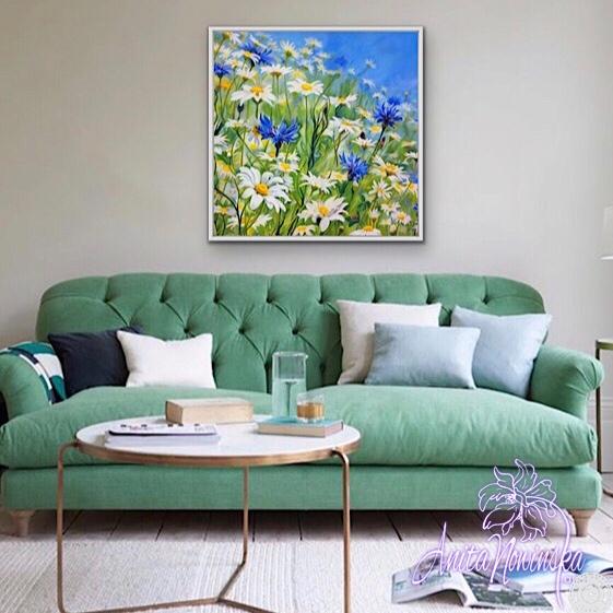 meadow flower painting with daisies & cornflowers Anita Nowinska