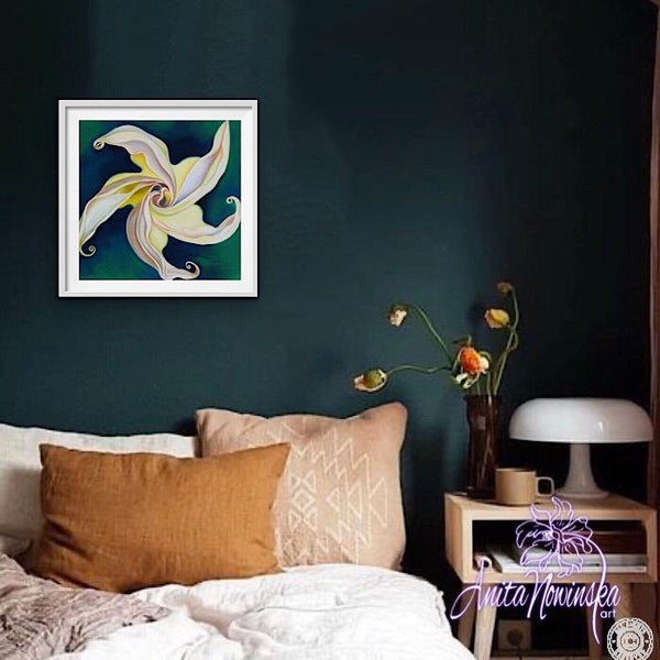 white convulvulus on green-Psyche folower painting by Anita Nowinska