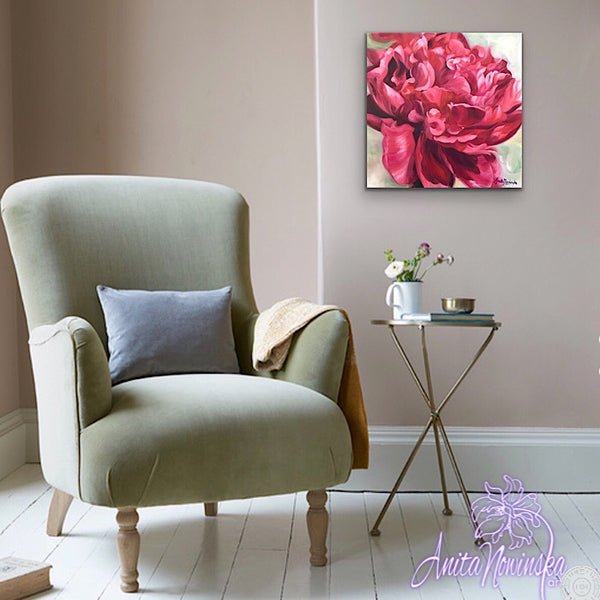 Beautiful oil painting of deep red peony on a pale green background, flower painting by Anita Nowinska for interior wall decor