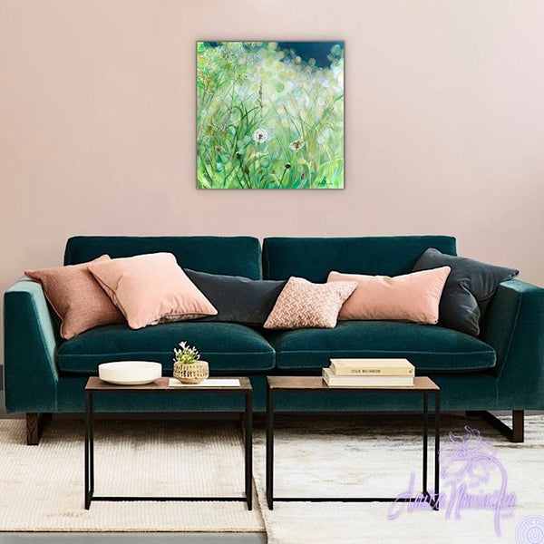 calming small acrylic on canvas painting of green grass meadow in sunlight with dandelion seed heads by Anita Nowinska