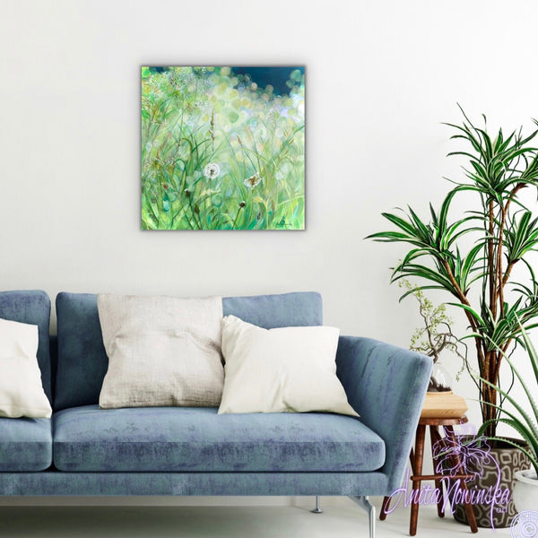 calming small acrylic on canvas painting of green grass meadow in sunlight with dandelion seed heads by Anita Nowinska