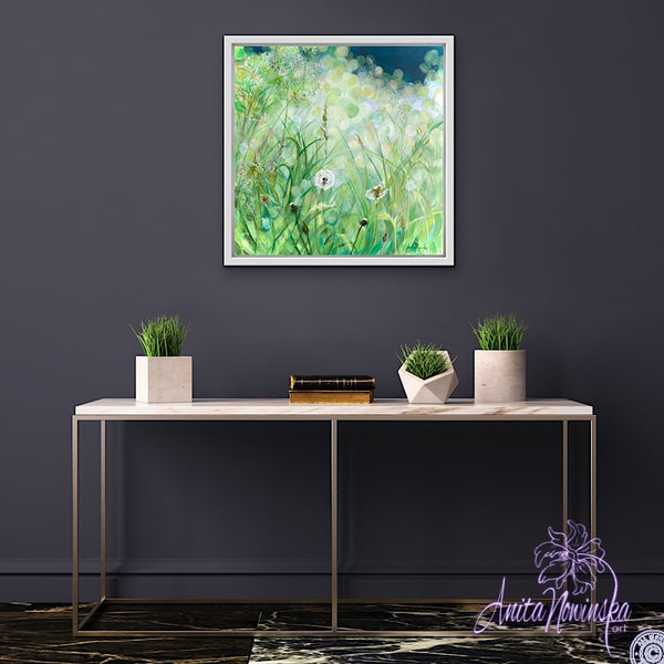 calming small acrylic on canvas painting of green grass meadow in sunlight with dandelion seed heads by Anita Nowinska