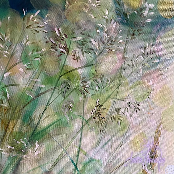 calming small acrylic on canvas painting of green grass meadow in sunlight with dandelion seed heads by Anita Nowinska