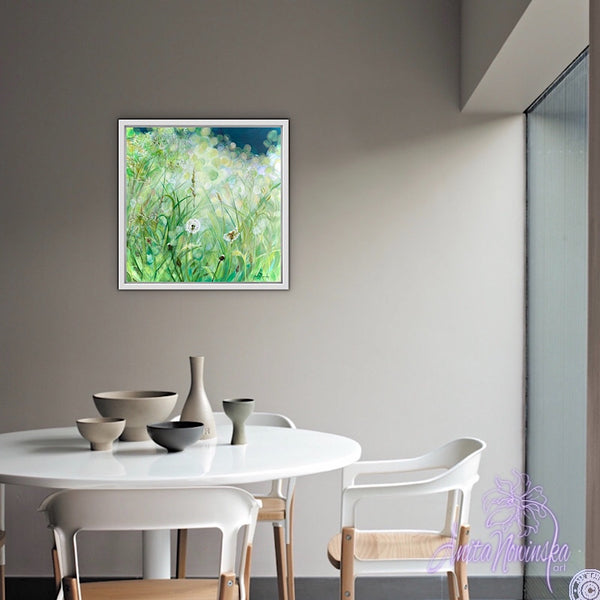 calming small acrylic on canvas painting of green grass meadow in sunlight with dandelion seed heads by Anita Nowinska