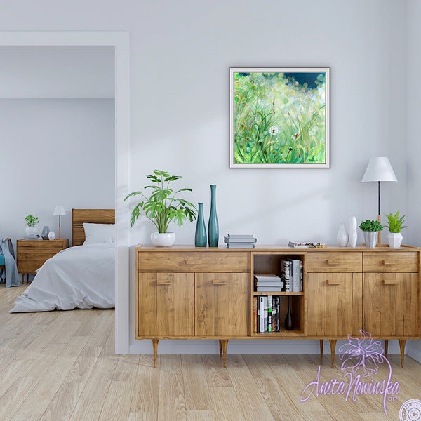 calming small acrylic on canvas painting of green grass meadow in sunlight with dandelion seed heads by Anita Nowinska