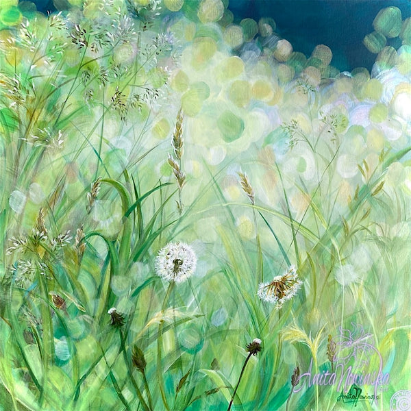 calming small acrylic on canvas painting of green grass meadow in sunlight with dandelion seed heads by Anita Nowinska