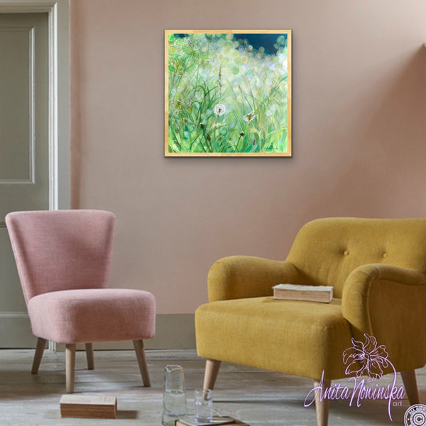 calming small acrylic on canvas painting of green grass meadow in sunlight with dandelion seed heads by Anita Nowinska