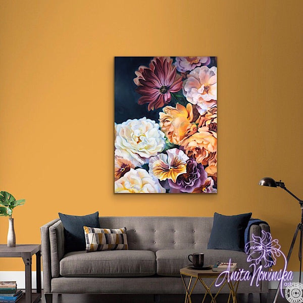 'Abundance' big flower painting of a summer flower bouquet with roses, cosmos and pansies in oil on canvas, floral interior wall decor
