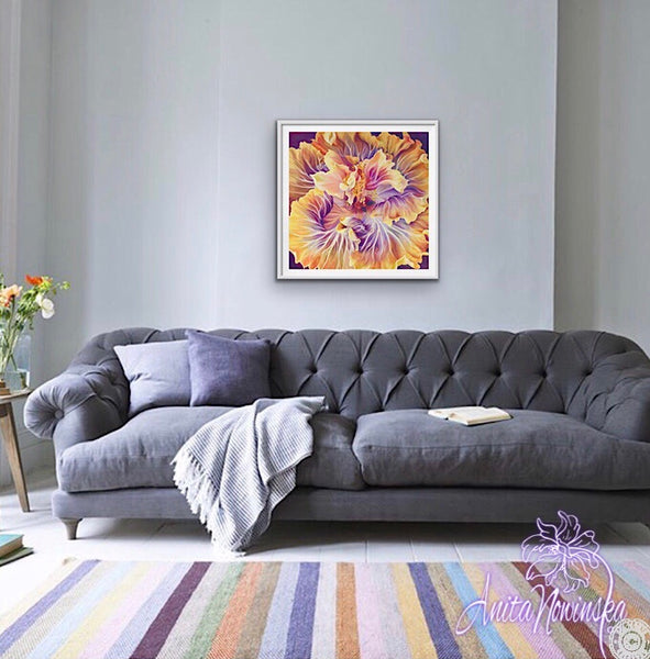 flamboyance- orange & purple hibiscus flower painting by Anita Nowinska
