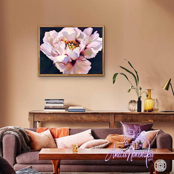 Splendour big flower painting of white & burgundy tree peony