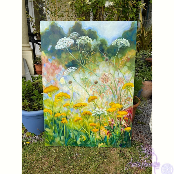 Growth- wild garden painting of cow parsley, queen annes lace, golden achilea in a green garden by Anita Nowinska.JPG