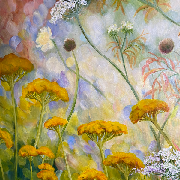 Growth- wild garden painting of cow parsley, queen annes lace, golden achilea in a green garden by Anita Nowinska.JPG
