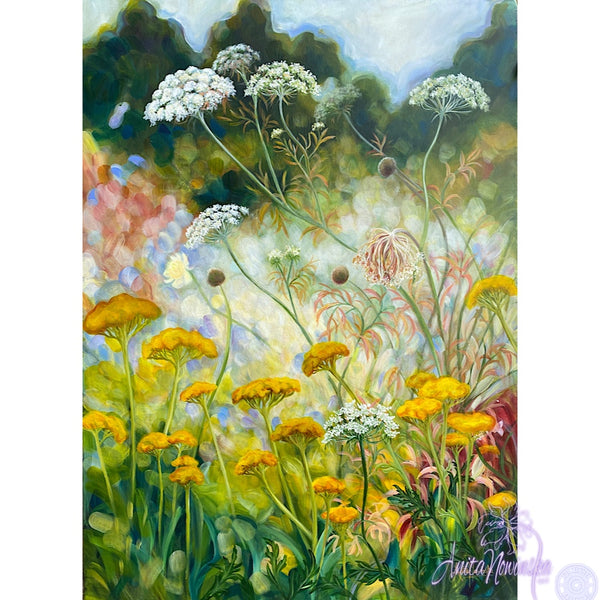 Growth- wild garden painting of cow parsley, queen annes lace, golden achilea in a green garden by Anita Nowinska.JPG