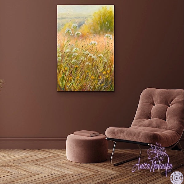 sunlit summer meadow painting acrylic on canvas anita nowinska peace gold yellow white