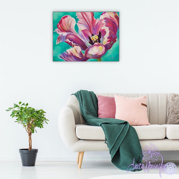 Transition- Pink Tulip on Turquoise painting