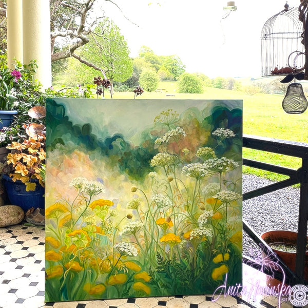queen annnes lace,achillea, meadow garden painting by anita nowinska