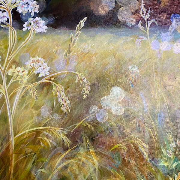 golden sunlit meadow with grasses & cowparsley, meadow painting by Anita Nowinska. Gold, ochre,green