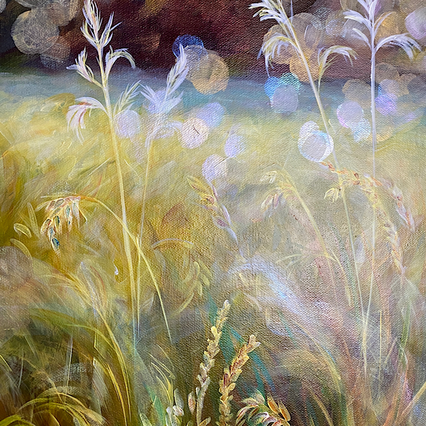 golden sunlit meadow with grasses & cowparsley, meadow painting by Anita Nowinska. Gold, ochre,green