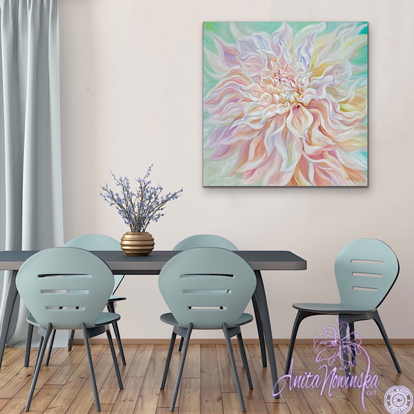 dining room interior decor with big dahlia flower painting by anita nowinska