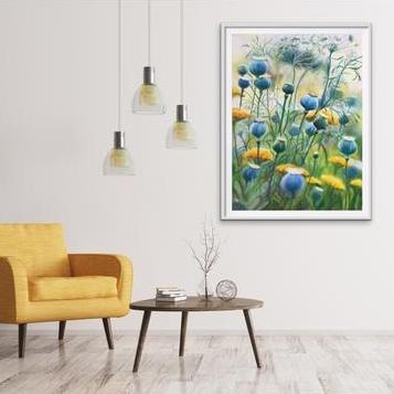 Flower_Painting_of_blue_poppy_heads_in_a_meadow_with_flowers_by_Anita_Nowinska