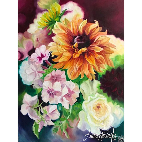 beautiful original oil on canvas floral painting of Rudbeckia, phlox & roses by Anita Nowinska, interior decor wall Art