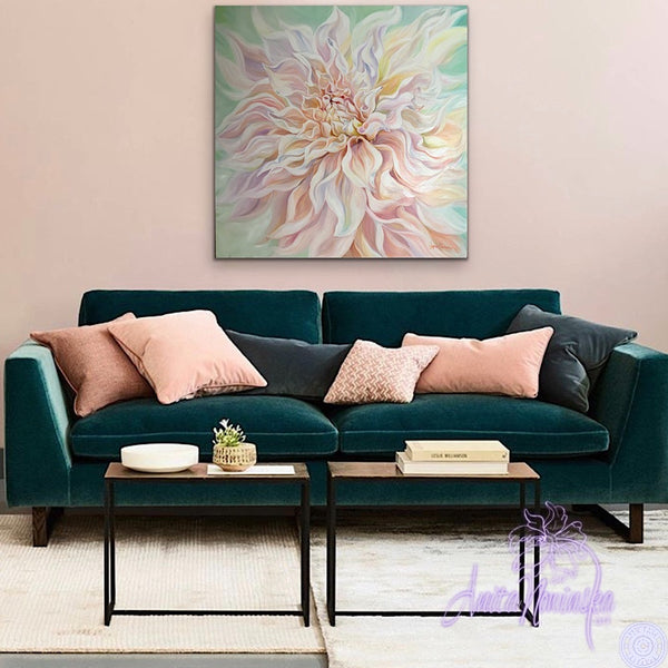 big pale pink, peach & green cafe au lait dahlia flower painting by anita nowinska