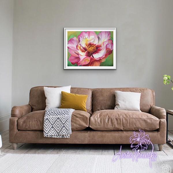 'Love' Dog Rose Big Flower Painting in Pink, Red, White by Anita Nowinska