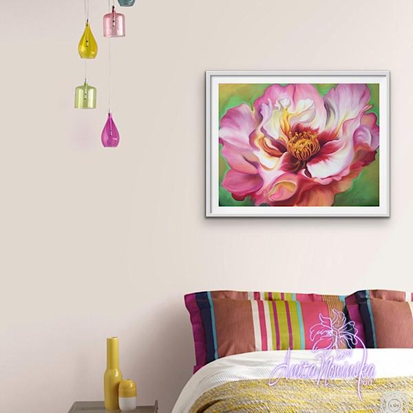 'Love' Dog Rose Big Flower Painting in Pink, Red, White by Anita Nowinska