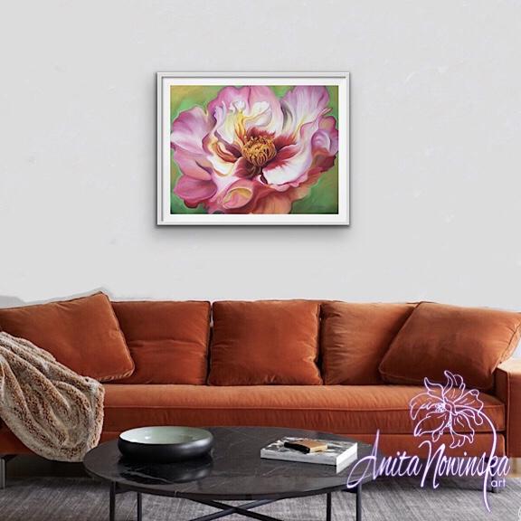 'Love' Dog Rose Big Flower Painting in Pink, Red, White by Anita Nowinska