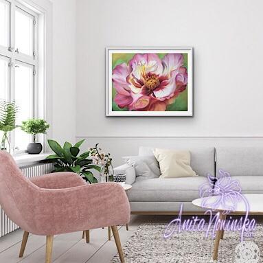 'Love' Dog Rose Big Flower Painting in Pink, Red, White by Anita Nowinska
