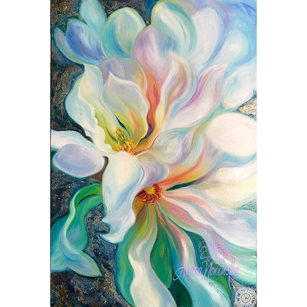 Magnolia Flower Painting in Oil on canvas in teal, white, pink, blue, wall decor