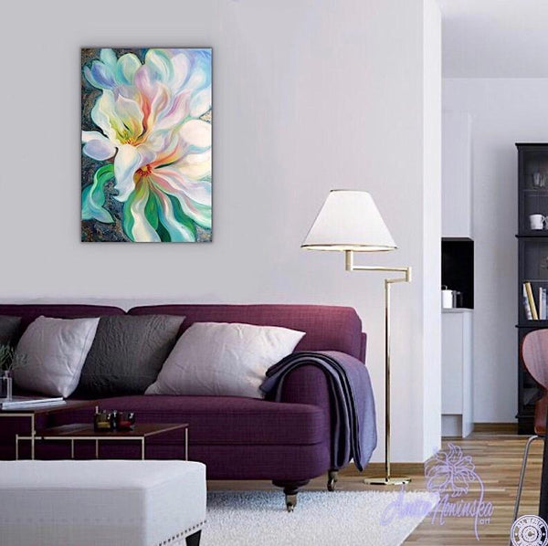 Magnolia Flower Painting in Oil on canvas in teal, white, pink, blue, wall decor