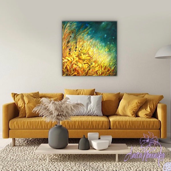 limited edition canvas pront of gold meadow painting on teal by anita nowinska