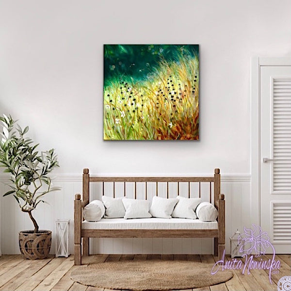 limited edition canvas pront of gold meadow painting on teal by anita nowinska