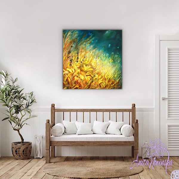 limited edition canvas pront of gold meadow painting on teal by anita nowinska
