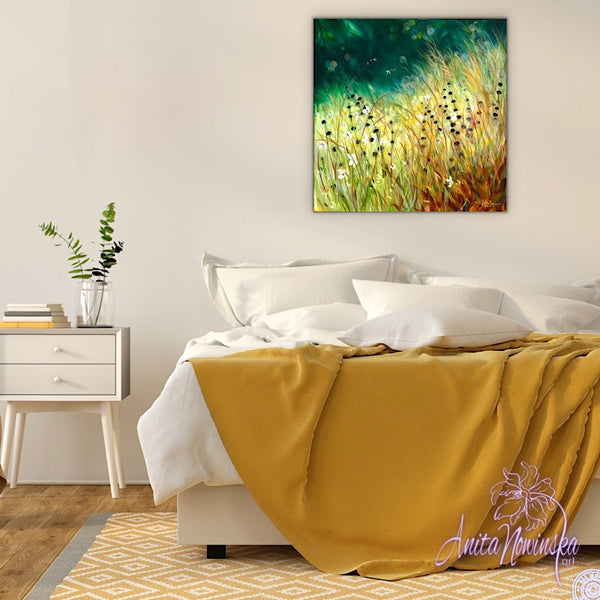 limited edition canvas pront of gold meadow painting on teal by anita nowinska