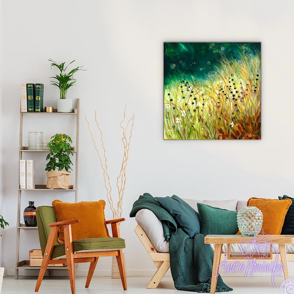 limited edition canvas pront of gold meadow painting on teal by anita nowinska
