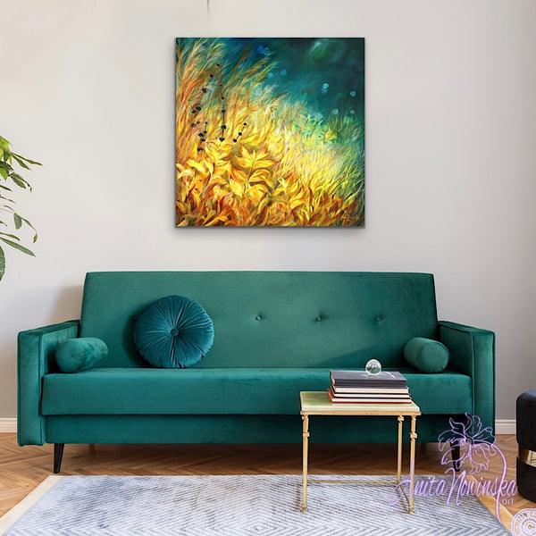limited edition canvas pront of gold meadow painting on teal by anita nowinska