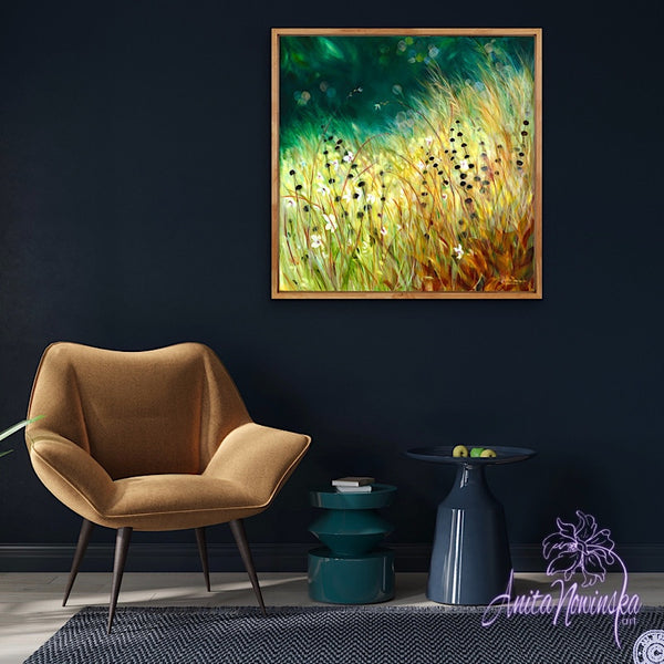 limited edition canvas pront of gold meadow painting on teal by anita nowinska