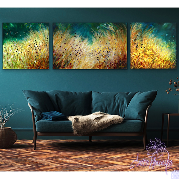 limited edition canvas pront of gold meadow painting on teal by anita nowinska