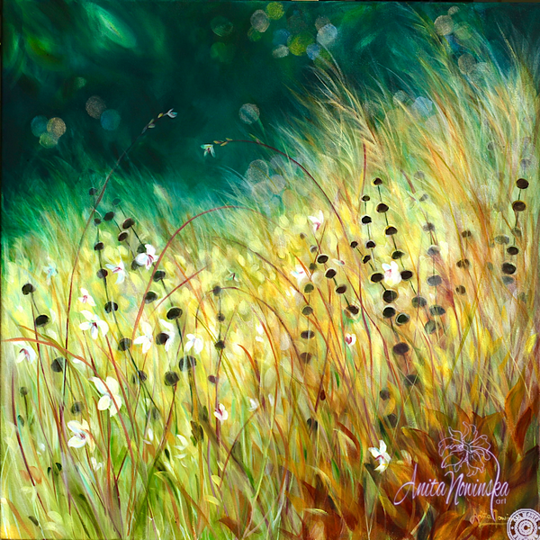 limited edition canvas pront of gold meadow painting on teal by anita nowinska