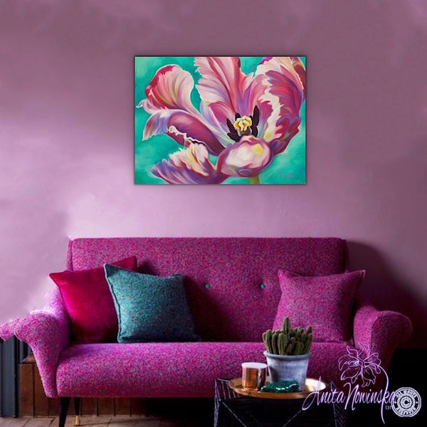 Transition- Pink Tulip on Turquoise painting