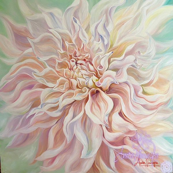 cafe au lait dahlia painting by anita nowinska- precious- white, peach soft green