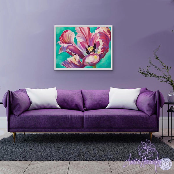 Transition-Pink tulip on turquoise backgound, flower painting by anita nowinska