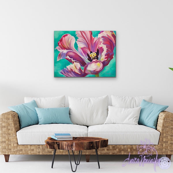Transition- Pink Tulip on Turquoise painting