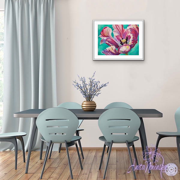 Transition- Pink Tulip on Turquoise painting