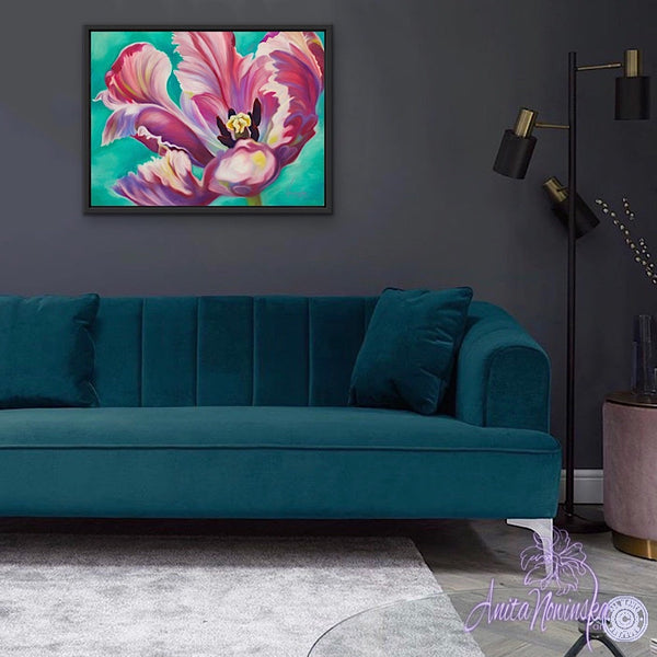 Transition- Pink Tulip on Turquoise painting